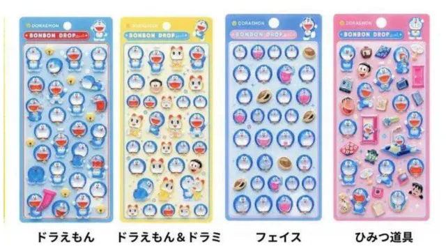 ドラえもん ボンボンドロップシール 全4種。ドラえもん、ドラえもん＆ドラミ、フェイス、ひみつ道具
