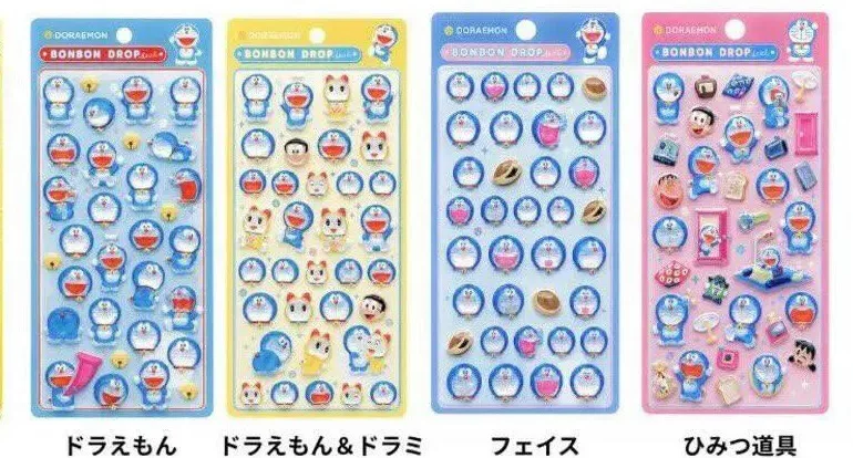 ドラえもん ボンボンドロップシール 全4種。ドラえもん、ドラえもん&ドラミ、フェイス、ひみつ道具