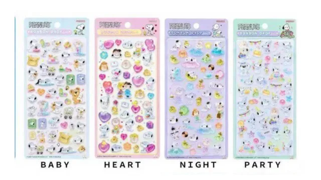 PEANUTS ボンボンドロップシール 全4種。BABY、HEART、NIGHT、PARTY