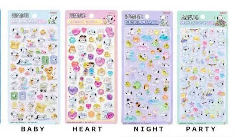 PEANUTS ボンボンドロップシール 全4種。BABY、HEART、NIGHT、PARTY