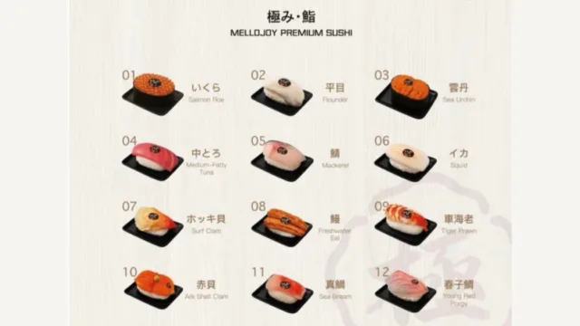極み・鮨 全12種のラインナップ。いくら、平目、雲丹、中とろ、鯖、イカ、ホッキ貝、鰻、車海老、赤貝、真鯛、春子鯛