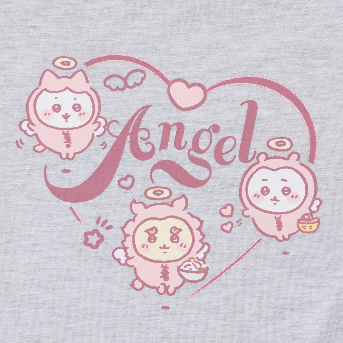 ANGEL モクグレーの胸のプリント。ハートの中に天使になったちいかわ・ハチワレ・シーサーとAngelの文字