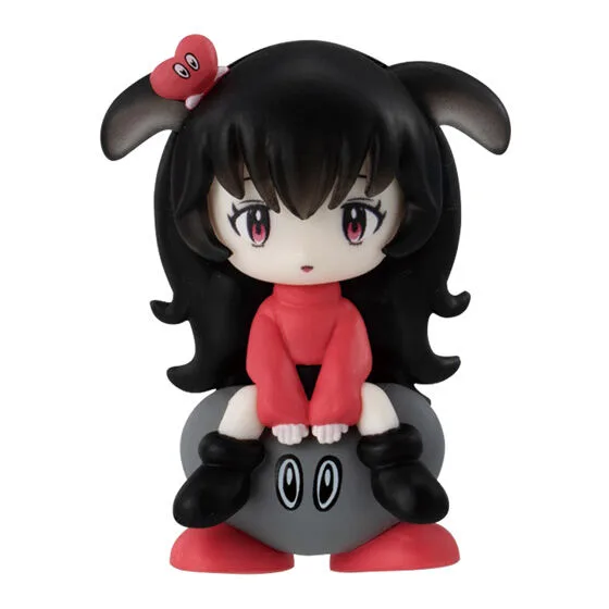 かえちゃんふぃぎゅあ あか。黒い髪に赤い服で黒いクッションに座る