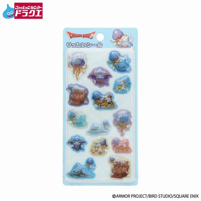 ドラクエ×しまむら りったいシール（水色の台紙）。ホイミスライム・宝箱・おばけキノコ
